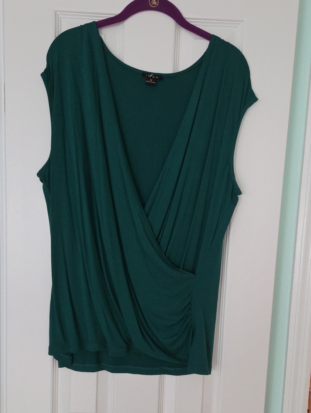 IMAN Teal Sleeveless Faux-Wrap Drape Blouse